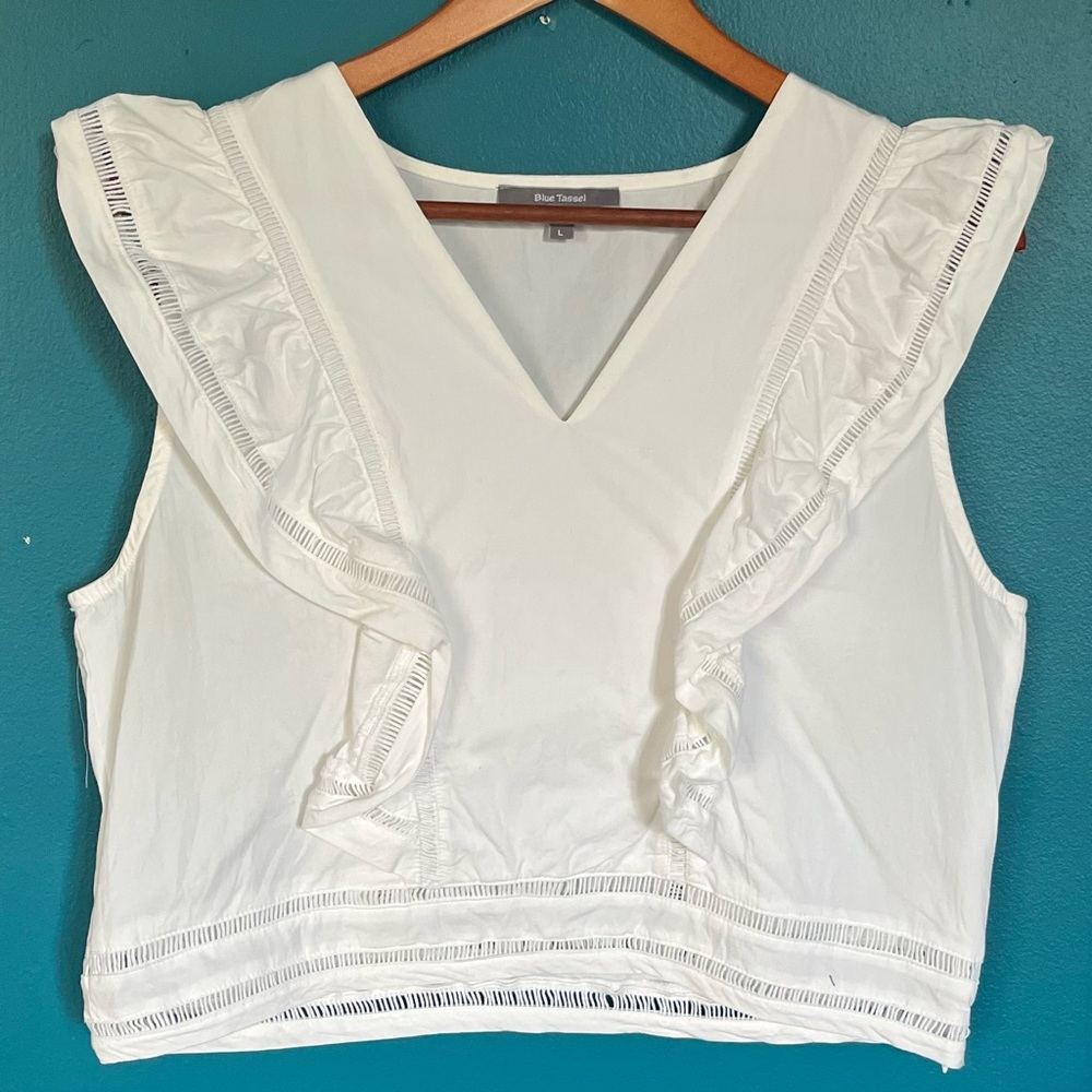 Anthropologie Blue Tassel White Linen Eyelet Top, Size L